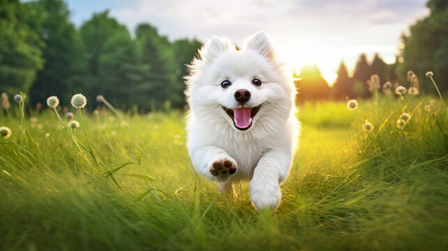 white fluffy, contented dog runs towards you through a clearing of green grass in the setting sun