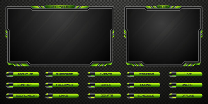 Live Stream Overlay Futuristic Neon Green and Metallic Black Border Webcam Screen Frame and Stream Alert GUI Panels for Gaming and Video Streaming Platforms