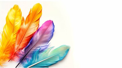 Colorful feathers on white background. Flat lay, top view.