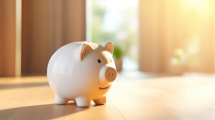 A white piggy bank strategically placed in a living room setting, symbolizing concepts of mortgage, investment, and home loan with ample space for text.