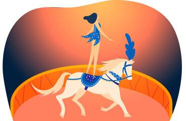 Woman performing circus trick riding a horse. Female acrobat in costume with feather on horseback in circus ring. Entertainment and acrobatic performance vector illustration.