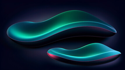 Two fluid, organic shapes are shown with a smooth, shiny surface and neon-like edges that glow in teal and magenta against a dark background.AI generated.
