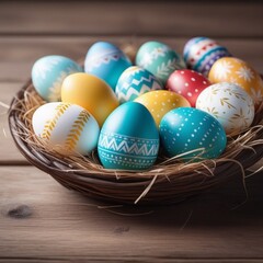 Naklejka premium Easter, Easter eggs in a straw bowl on a background of wood panels.