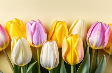 festive design, lively spring flowers. many beautiful tulips with blossom on colorful background