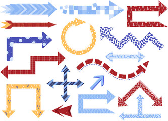 Collection of various arrows in different styles and patterns. Set of decorated directional indicators vector illustration.