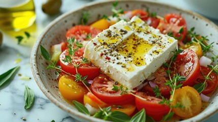 Food photography, Greek salad, vibrant tomatoes and feta cheese, with a cheese pull, on a marble stone table with olive branches around