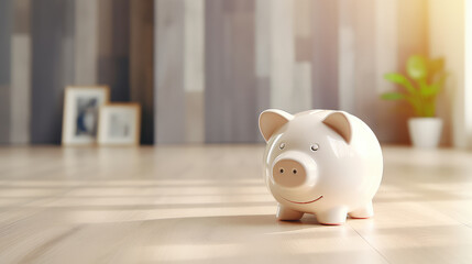 The property and rent savings through a piggy bank in a home environment, ideal for themes related to real estate and financial planning. - obrazy, fototapety, plakaty