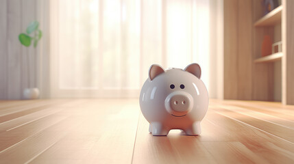 A white piggy bank on the floor, visually representing home loan, real estate investment, and the importance of savings in a household.
