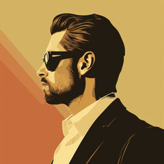 ilustracion de estilo vintage de elegante hombre de perfil con barba y gafas de sol, sobre fondo neutro - obrazy, fototapety, plakaty