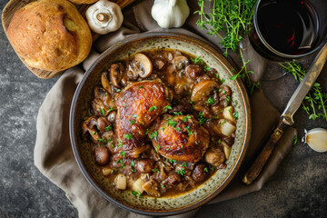 A coq au vin, a traditional French dish featuring braised chicken in red wine, mushrooms and herbs