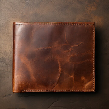 Fotografia con detalle y textura de cartera de cuero de color marron sobre fondo oscuro