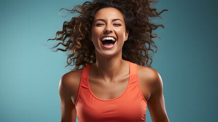 Happy, energetic woman jumping in athletic outfit. Sports, gym, lifestyle banner, copy space - obrazy, fototapety, plakaty