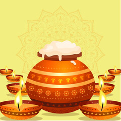 Warmth & Glow: Traditional Pongal Milk Offering & Flickering Lamps (Flat Design)