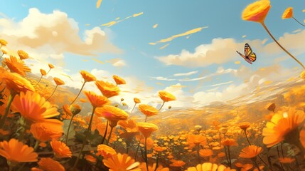 Autumn Marigold Field with Butterflies - AI Generated