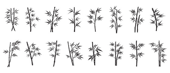 Bamboo set leaves icon over white background, silhouette style, vector illustration. - obrazy, fototapety, plakaty