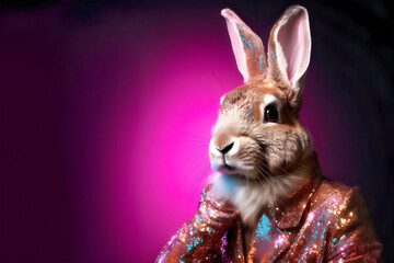 Creative animal concept. Rabbit bunny hare in disco neon glitter glam shiny glow sequin outfit, copy text space. commercial, editorial advertisement party invitation invite, surreal surrealism	
