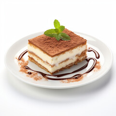 Fotografia con detalle y textura de porcion de pastel de tiramisu con caramelo, sobre fondo blanco
