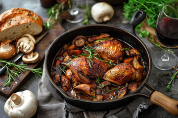A coq au vin, a traditional French dish featuring braised chicken in red wine, mushrooms and herbs - obrazy, fototapety, plakaty