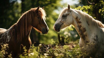 brown and white horses facing each other - obrazy, fototapety, plakaty