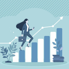 Businesswoman stepping on a growth graph, symbolizing success and progress in business. Vector editable.