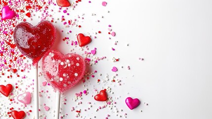 Heart shaped lollipops and confetti on white background, ai generative