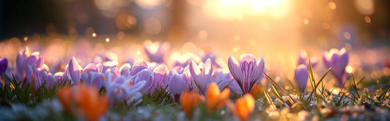 crocus flowers in sunset banner, copy space