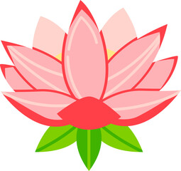Pink lotus flower with visible petals and green leaves. Floral design element for beauty and spa. Nature and meditation concept vector illustration.