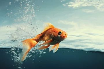 Fotobehang Goldfish leaping into ocean. Generative AI © David