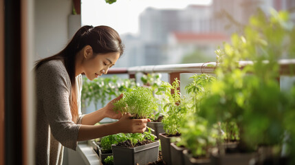 Young asian beautiful woman planting flowers on balcony home,