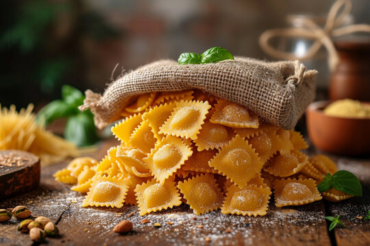 An image of a rustic Italian dish, with large pasta pouches boasting a hearty pistachio filling.