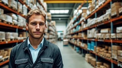 Foto op Plexiglas Portrait of a man standing in a big warehouse with shelves full of boxes. © Andrea Raffin
