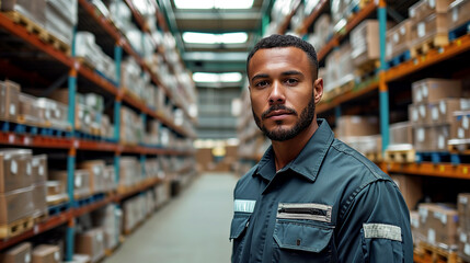Portrait of a man standing in a big warehouse with shelves full of boxes. - obrazy, fototapety, plakaty
