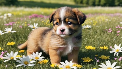 Puppy sitting in a field of flowers