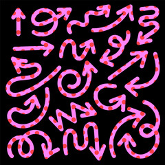 Hand drawn set of arrow elements in doodle style. Cartoon style bold line arrows with polka dot pattern isolated on black background