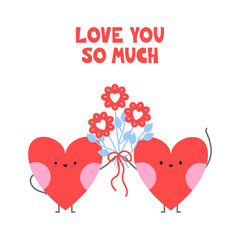 Love couple of heart characters holding a bouquet of flowers in a flat cartoon style. Love you so much sign lettering. Valentine's day sticker illustration design