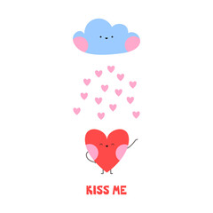 Smiling heart character staying under the love rain made by happy cloud in flat cartoon style. Valentine's day sticker illustration design