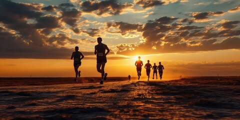 Fototapeta premium The black silhouettes of marathon runners against the backdrop of a captivating sunset, capturing the essence of endurance and determination in the sport of long-distance running.