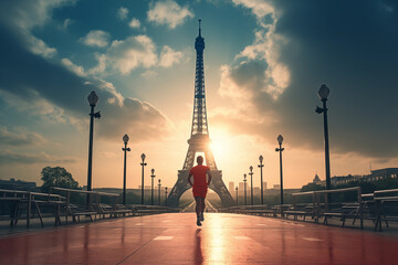 Athlete running at the Eiffel tower in Paris France, illustration for Olympic games in summer 2024 imagined by AI generative - not the actual event - obrazy, fototapety, plakaty