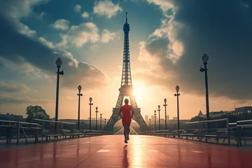 Poster Athlete running at the Eiffel tower in Paris France, illustration for Olympic games in summer 2024 imagined by AI generative - not the actual event © Delphotostock