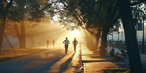 Fototapeta premium The black silhouettes of marathon runners against the backdrop of a captivating sunset, capturing the essence of endurance and determination in the sport of long-distance running.