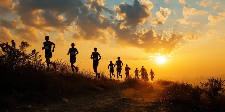 The black silhouettes of marathon runners against the backdrop of a captivating sunset, capturing the essence of endurance and determination in the sport of long-distance running.