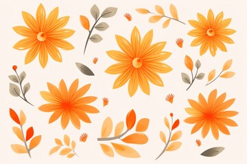 Fototapeta na wymiar Orange pastel template of flower designs with leaves