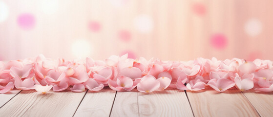Pink rose petals on wooden background with bokeh effect.