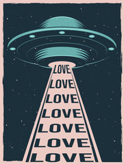 Vintage colorful poster with UFO. Unidentified flying object with text love. Vector illustration