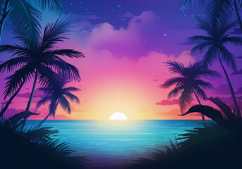 Fototapeta na wymiar ilustracion de paisaje tropical con palmeras, puesta de sol y tonos de color intenso