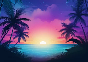 Fototapeten ilustracion de paisaje tropical con palmeras, puesta de sol y tonos de color intenso © Iridium Creatives
