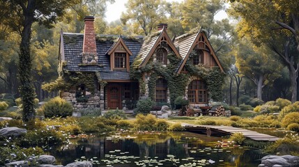 Cottage style house surrounded by stones, in forest with pond, cozy wood, in the style of timeless beauty, subtle elegance, made of vines, windows vista, soft and dreamy
