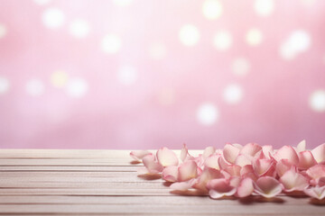 Pink rose petals on wooden table over pink bokeh background.