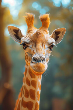 An image of a joyful giraffe with a pastel patterned neck, looking down with a smile.
