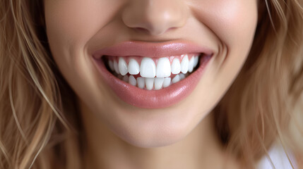 Obraz premium Perfect healthy teeth smile of a young woman. Teeth whitening. Dental clinic patient. Image symbolizes oral care dentistry, stomatology. Dentistry image